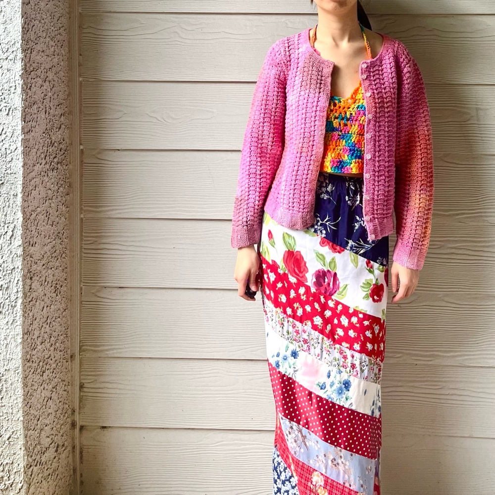 100% Hand Knitted+Hand Dyed Crochet Heavyweight Sweater Cardigan in Ombre.-B5.